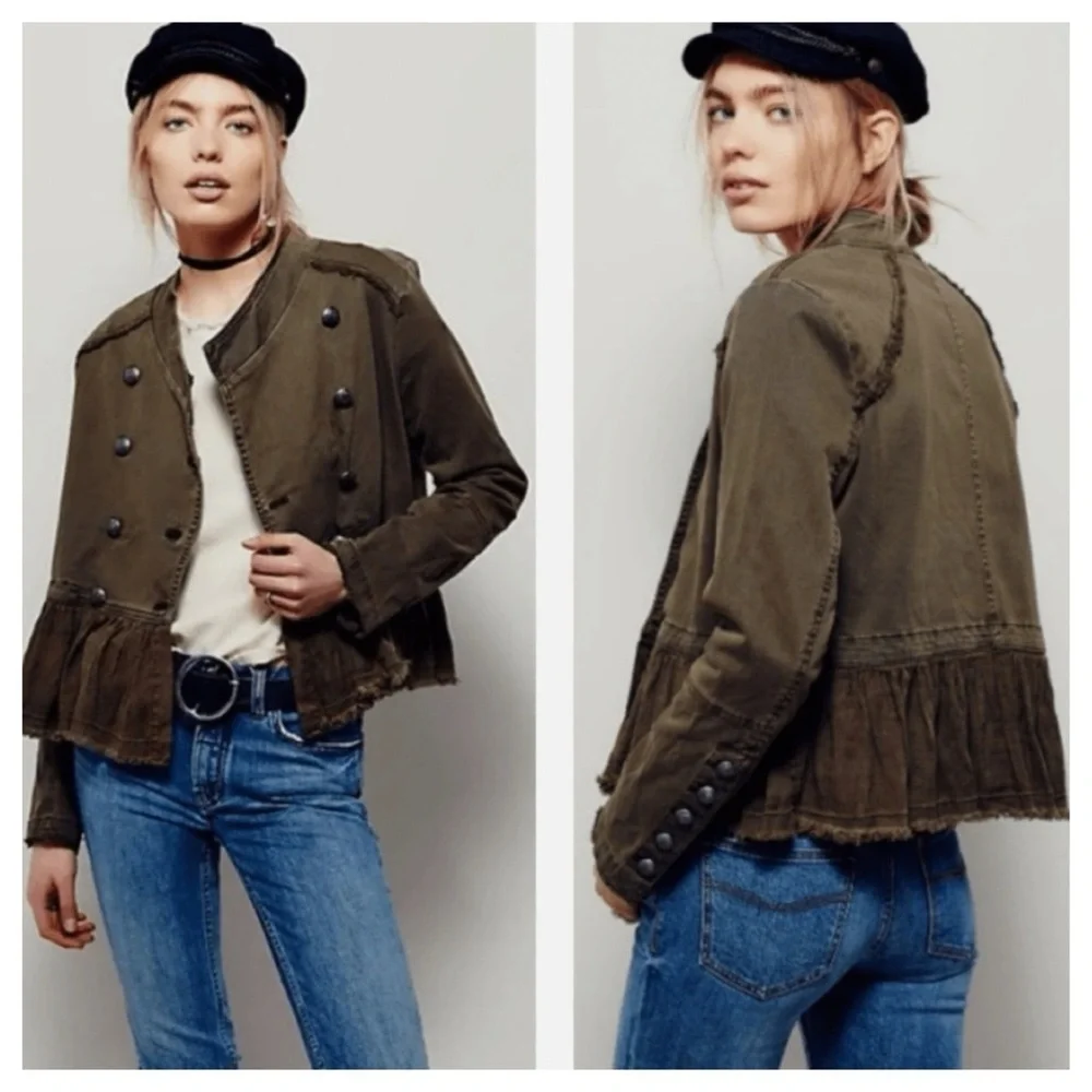 FREE PEOPLE Womens Olive Green Military Ruffle Hem Jacket Size S